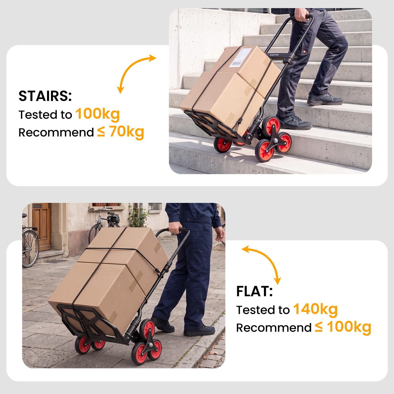 YEAUPE PRO Diable Pliable - Capacité de Charge de 70 kg - Poignée Réglable en Hauteur - avec 2 Cordes d'extension - Transport pour Monter Les escaliers - Noir - 3 Roues