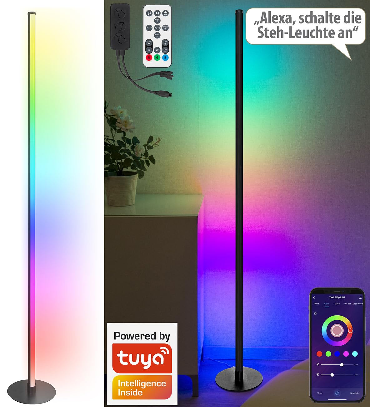 Luminea Home Control Stehlampe LED: WLAN-Steh-/Eck-Leuchte, RGB-IC-LEDs, 12W, dimmbar, App, 155cm, schwarz (Ecklampe, Stehleuchte RGB, Disco)