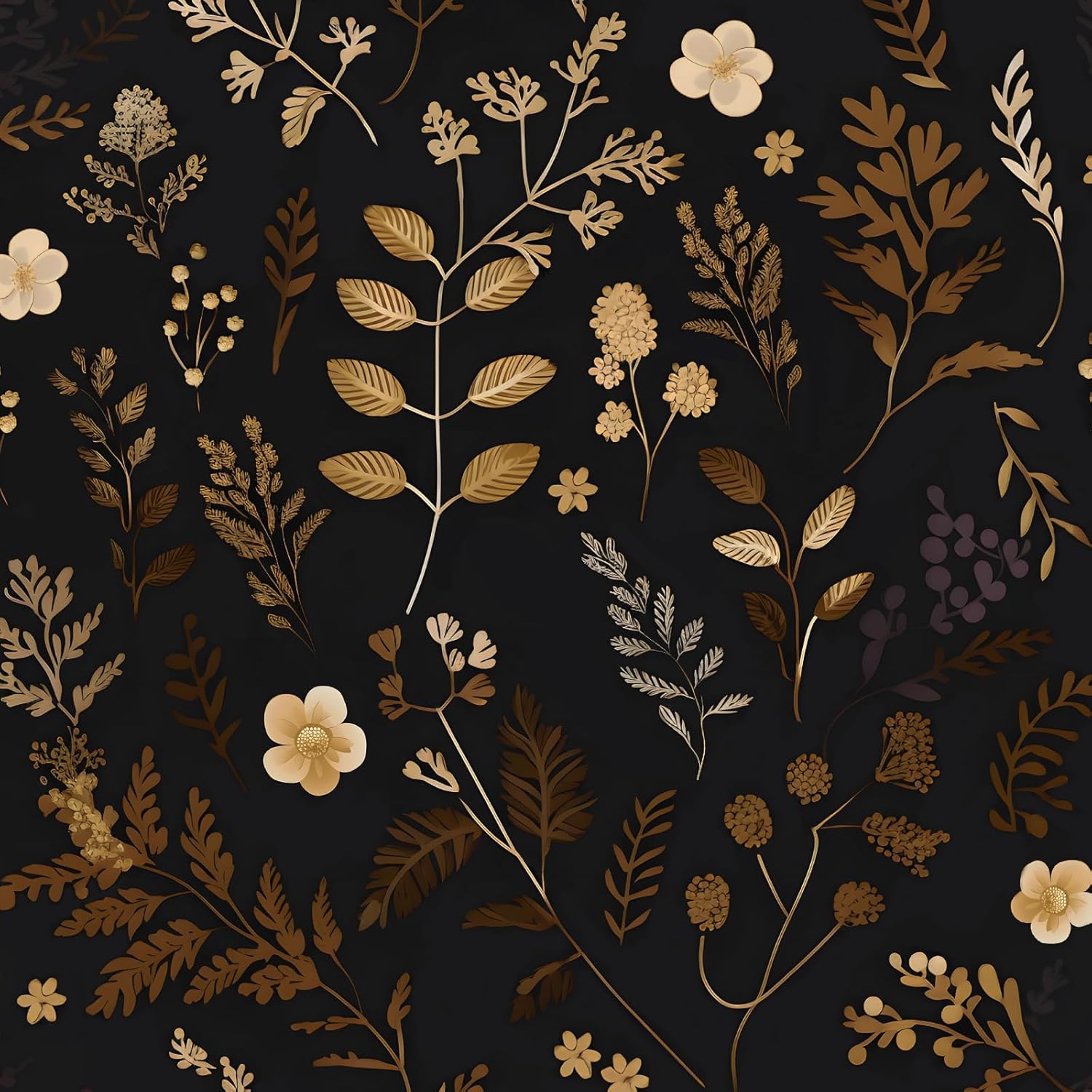 ILHIIOR Gold Leaf Peel and Stick Wallpaper - Black, Vintage, Boho Flower Pattern - Removable, Self-Adhesive for Cabinet Drawers - 17.5''x393''