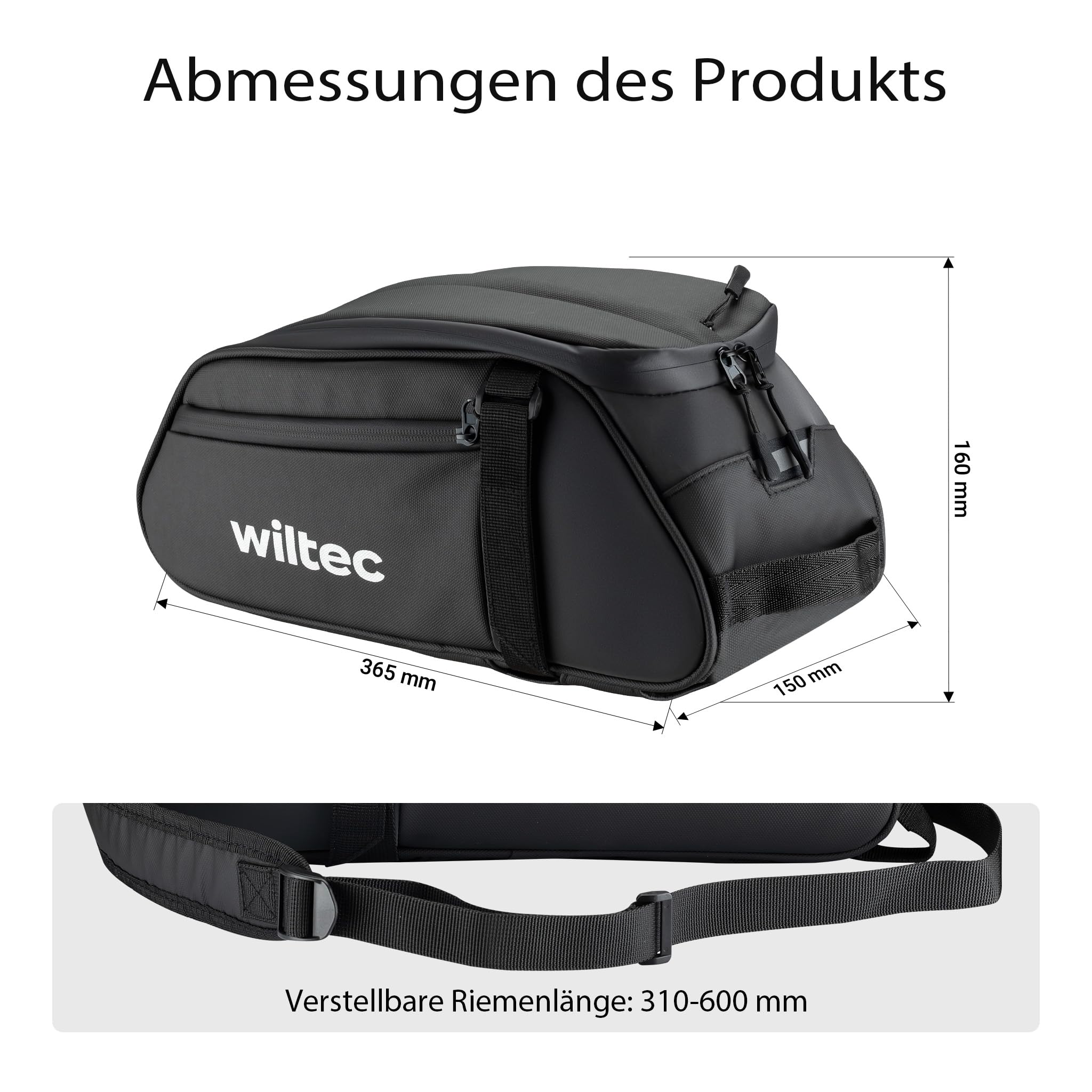 Wiltec Gepäckträgertasche schwarz, Fahrradtasche Gepäckträger 8 l Stauraum, Gepäcktasche mit Tragegurt, Fahrrad Tasche wasserresistent mit Reflektoren