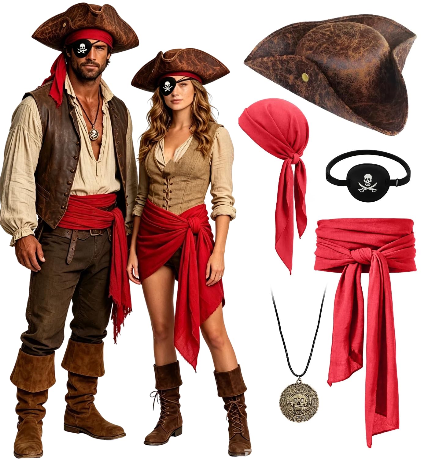 kasahara Pirate Hat Pirate Costume Accessory Set Pirate Headscarf Eye Patch Necklace (Red)