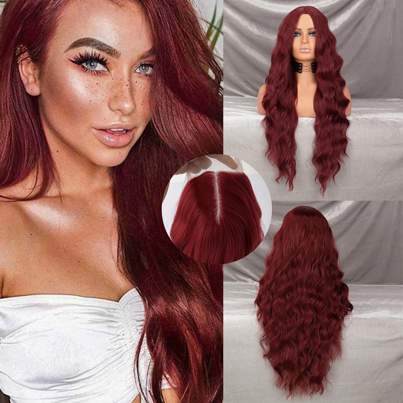28 Pollice/70 cm Lungo Wavy Middle Part Sintetico Ondulata Parrucca Rosso Rame Parrucche Sintetiche Resistenti al Calore Party Cosplay Naturale Uso Quotidiano Festa