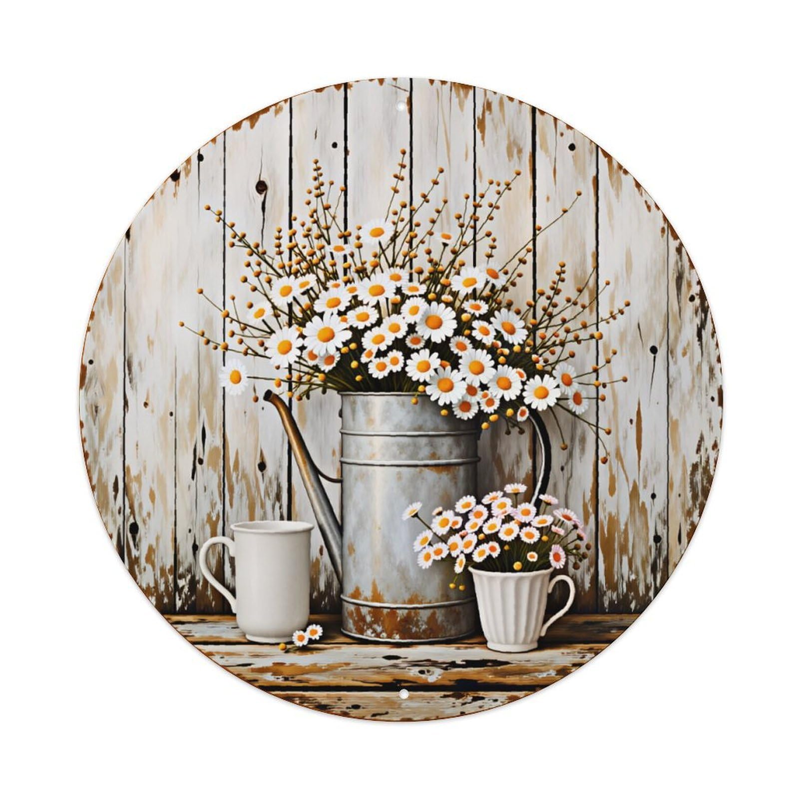 Ldfuieksufg Style Round Vintage Farmhouse Daisy Watering Can Wall Sign Kitchen Decor Vintage Aluminium Metal Sign, Retro Wall Decor For Home, Bar, Garage & Farmhouse 20X20cm