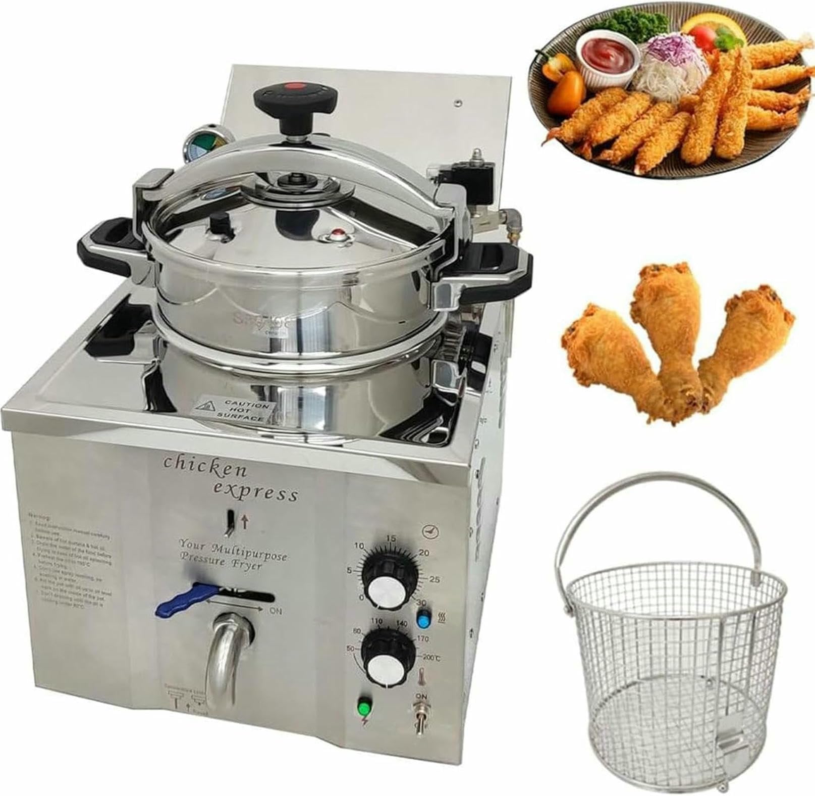 ASerZenith Electric Countertop Pressure Fryer, 16L Commercial Pressure Fried Chicken Machine, Temperature Control 50-200°C