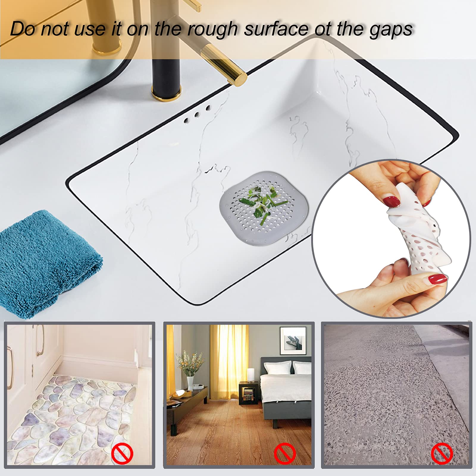 Colector de drenaje de cabello, cubierta de drenaje cuadrada para ducha, tapón de silicona con ventosa, fácil de instalar, traje para baño, bañera, cocina, paquete de 2 unidades (blanco) 4