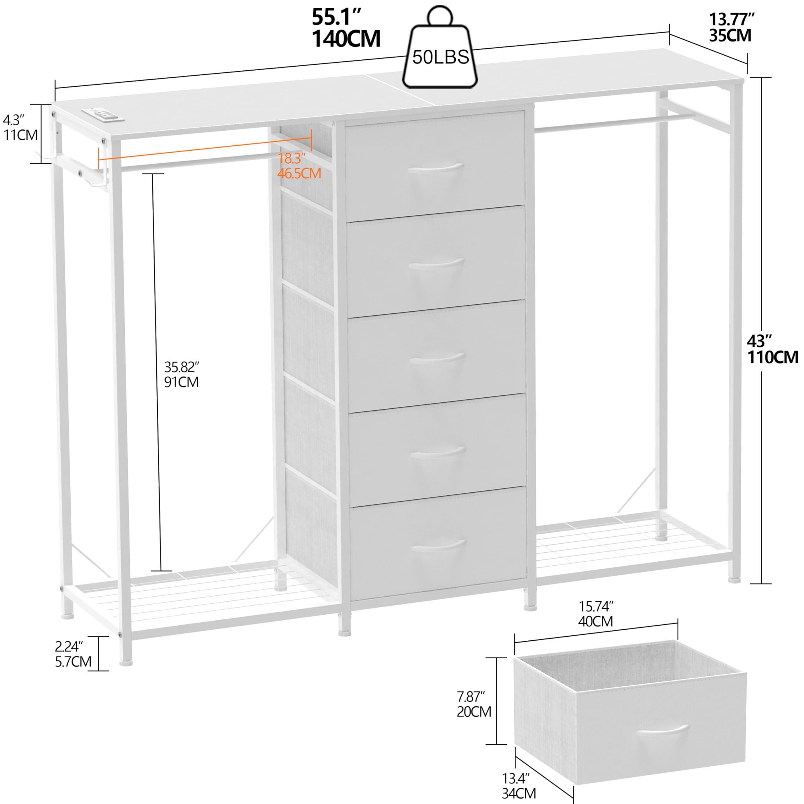 Cómoda para dormitorio con perchero, cómoda de 5 cajones con estación de carga, luces LED, cómoda blanca, estante flexible y espacio de almacenamiento abierto para dormitorio, sala de estar 3