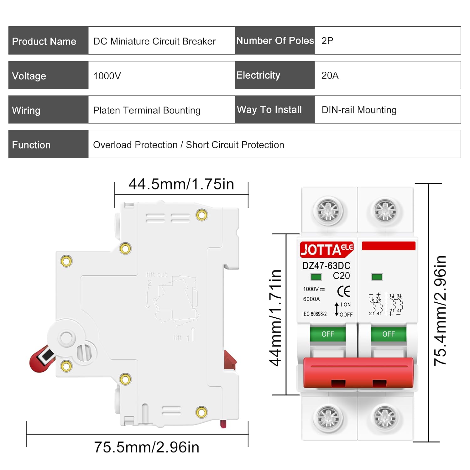 JOTTAELE Solar Panels Disconnect Switch,Miniature DC Circuit Breaker 2 Pole 1000V 20 Amp Isolator for Solar PV System, Thermal Magnetic Trip, DIN Rail Mount (DC 2P 20A 2PCS)