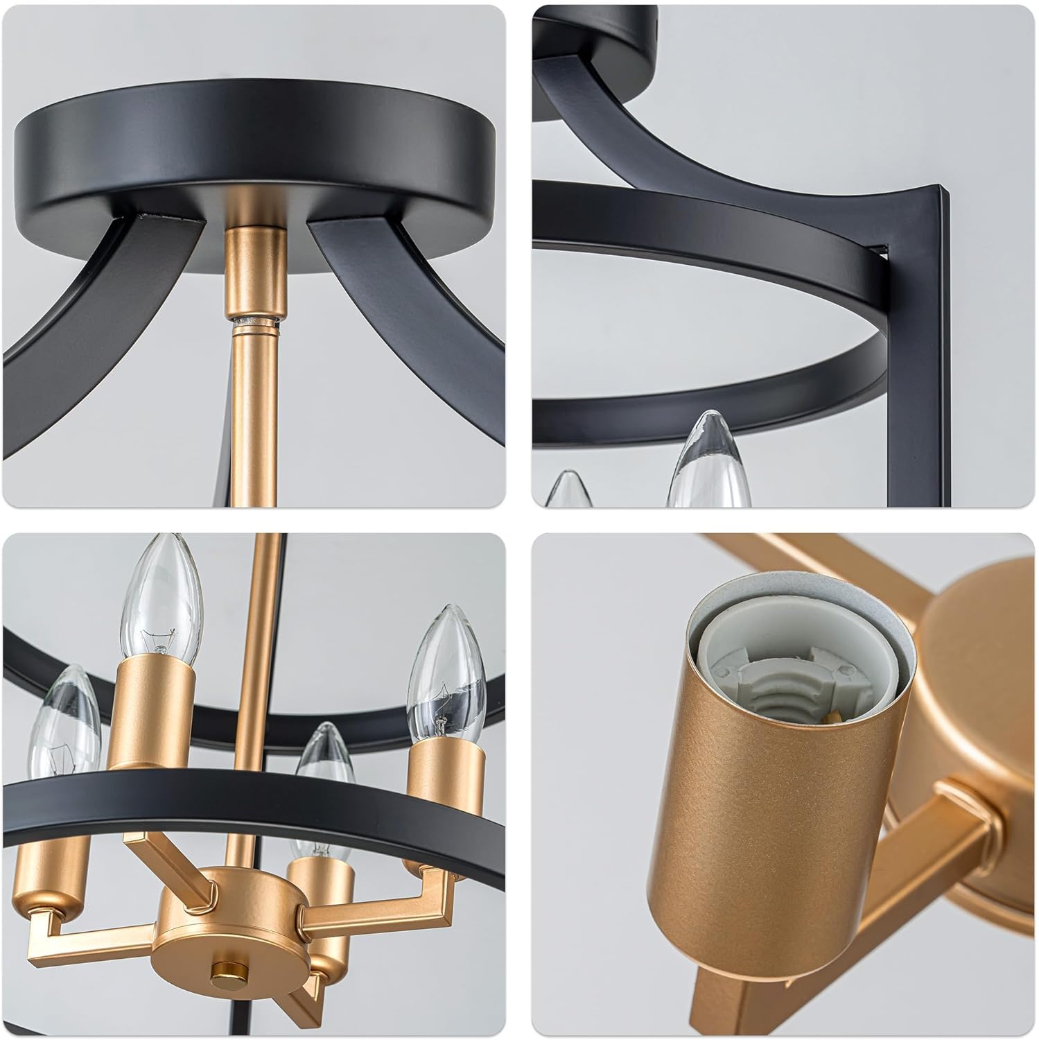 4-Light Black and Gold Farmhouse Chandelier, Adjustable Height Semi Flush Mount Ceiling Light, E12 Base Convertible Pendant Light for Entrance, Kitchen, Bedroom, Hallway