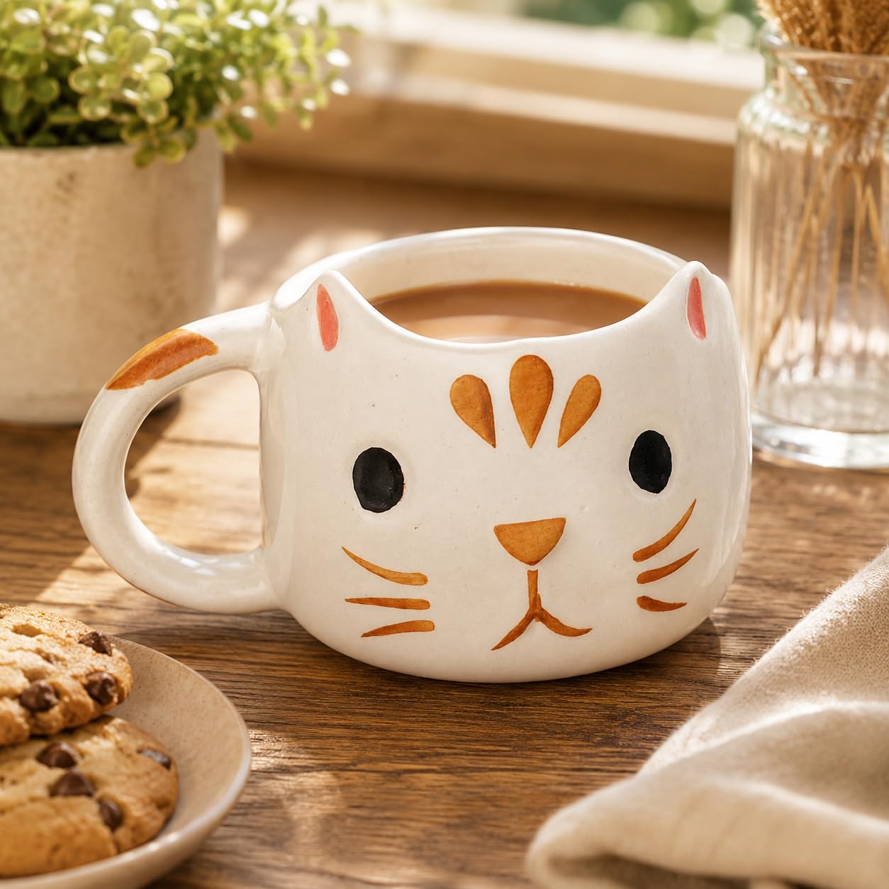 Cat Face Ceramic Coffee Mug Hand-Painted Kitten Cup 350 ml | Cream & Brown Design, 3D Cat Shape, Hand-Painted, Ceramic Material, 350 ml Capacity-image-6