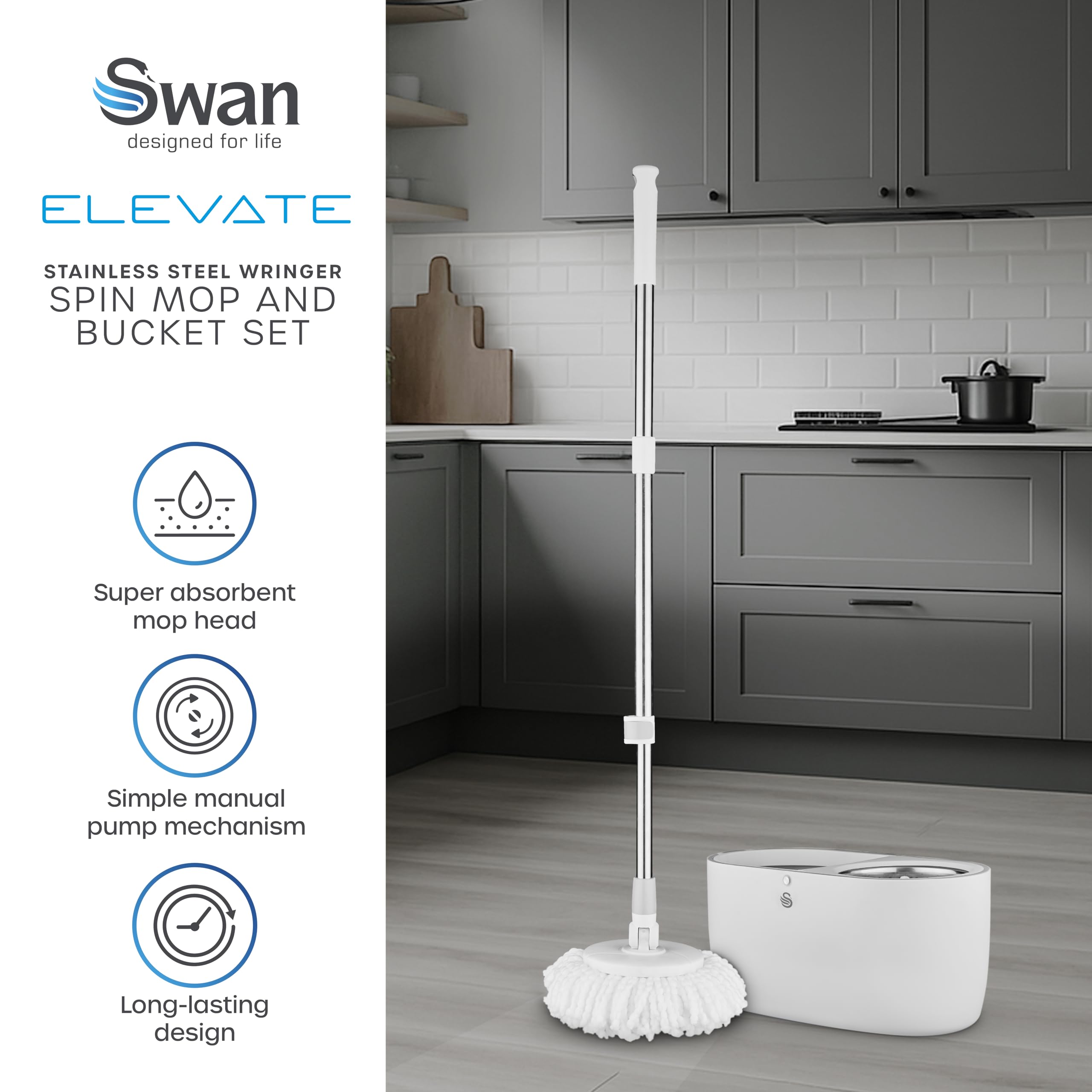 Swan SWFC2011WHTN Elevate Spin Mop e secchio da 5 litri con strizzatore in acciaio inox, testa in microfibra super assorbente, meccanismo a pompa manuale, facile da riporre, bianco