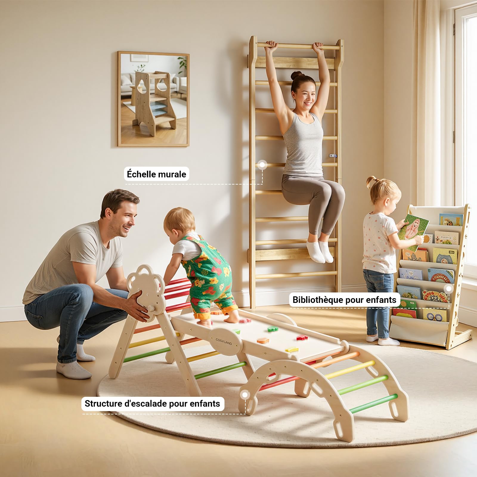COSYLAND Espalier en Bois, Échelle Suédoise de Gym pour Adultes,Structure Murale Robuste Jusqu’à 100KG, Espalier Polyvalent pour Musculation, Étirements et Entraînement à Domicile