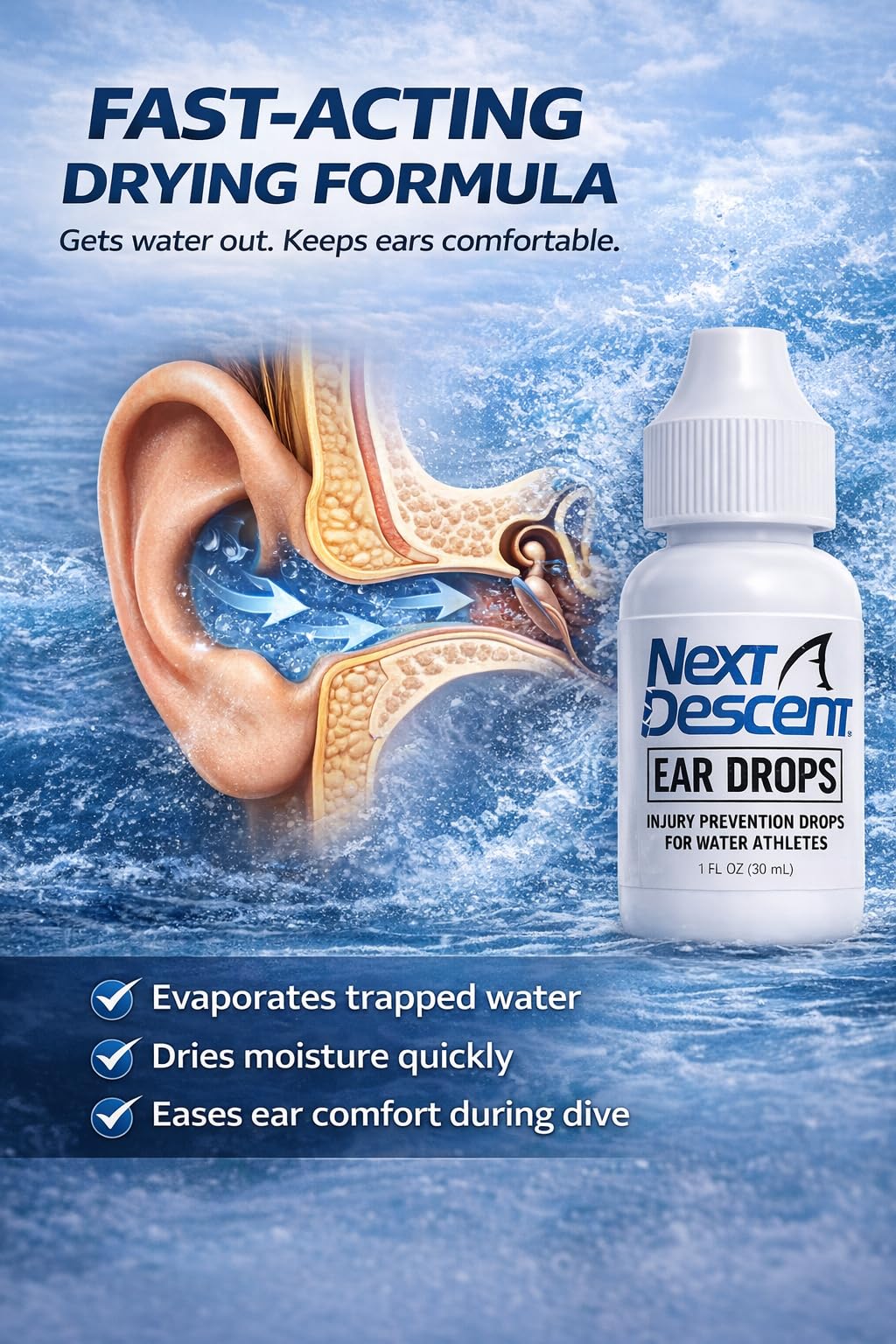 Swimmers Ear Drops for Pool & Ocean Swimming | Next Descent Prevention Drops for Waters Sports, Swimming, Diving and Snorkeling — Amazon image 3