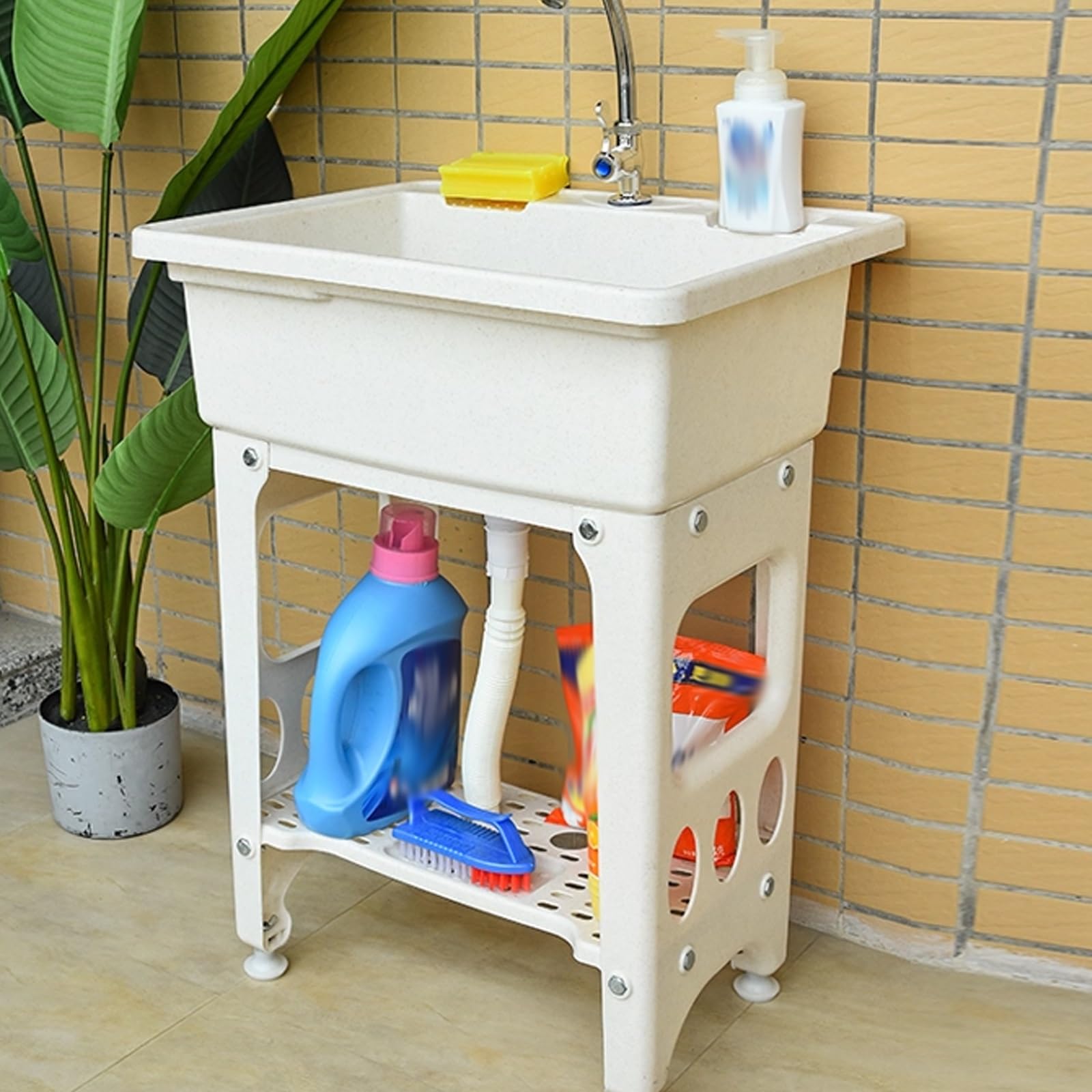 Fregadero Multiusos de Pie, Pila Lavadero de Plástico con Tabla de Lavar, Lavadero Pila Exterior con Mangueras y Kit de Desagüe, para Lavandería, Garaje(53x39x80cm)