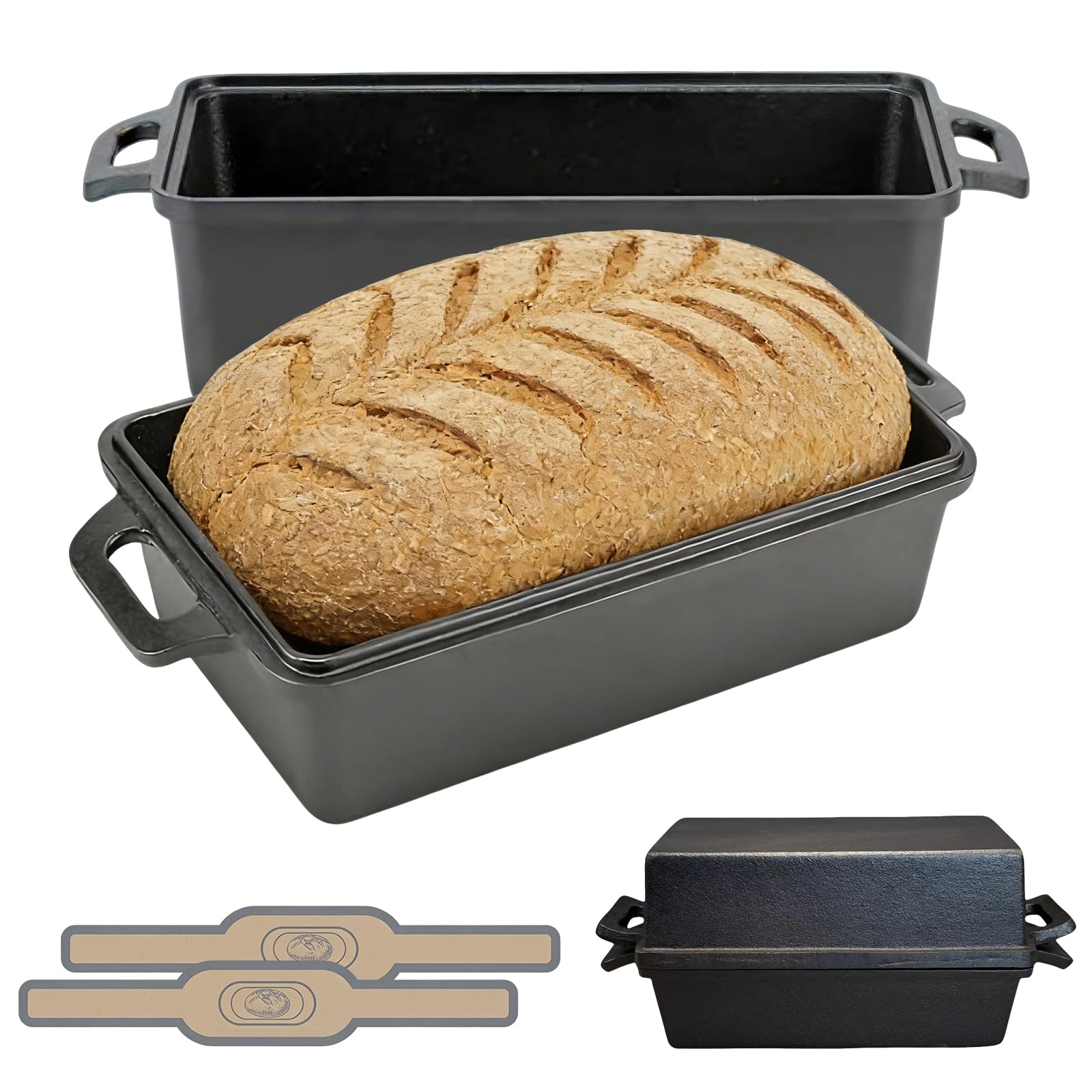 Gusseisen Brotbackform mit Deckel & Antihaft-Silikonmatten, 25x13cm Kastenform für Sauerteig, Toast & selbstgebackenes Brot – Gleichmäßige Hitzeverteilung, Brotbacktopf aus Gusseisen