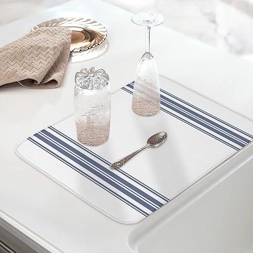 Miniatura 5 de Tapete de secado de platos a rayas simples para encimera de cocina, almohadilla de secado de microfibra de línea azul, tapete absorbente para tazas