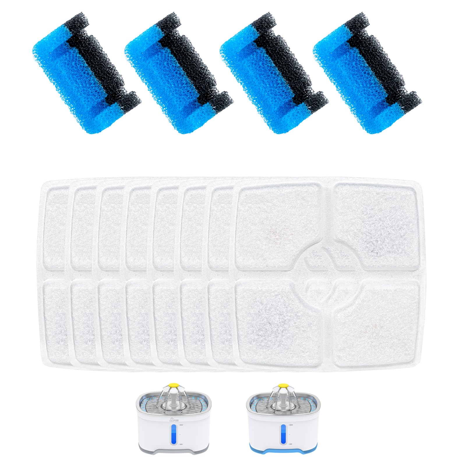 Wonder Creature Filtro de agua para gatos, 8 filtros cuadrados de carbono y 4 filtros de esponja mejorados para fuente de gato de acero inoxidable cúbico