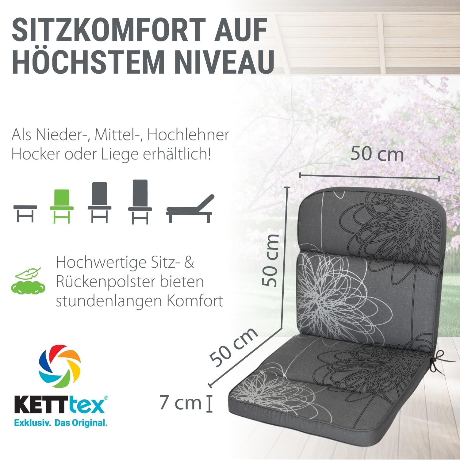 Auflage Niederlehner anthrazit floral I Gartenstuhl Polster 100x50x7cm I hochwertige und Pflegeleichte Sesselauflage I Wetter- und formbeständige Stuhlauflage I KTH3 Sitzauflage