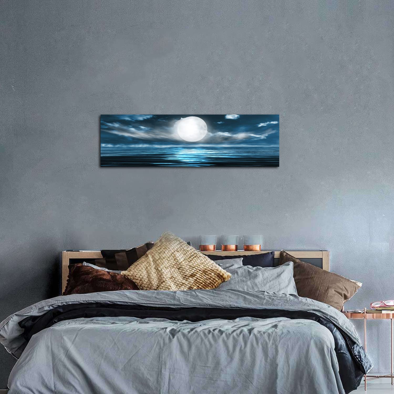 Arte De Pared De Luna Y Mar, Decoración De Pared Azul Para Dormitorio, Imágenes Para Pared Sobre Cama, Paisaje Marino Del Océano, Lienzo Impreso En Lienzo Con Luna Llena En La