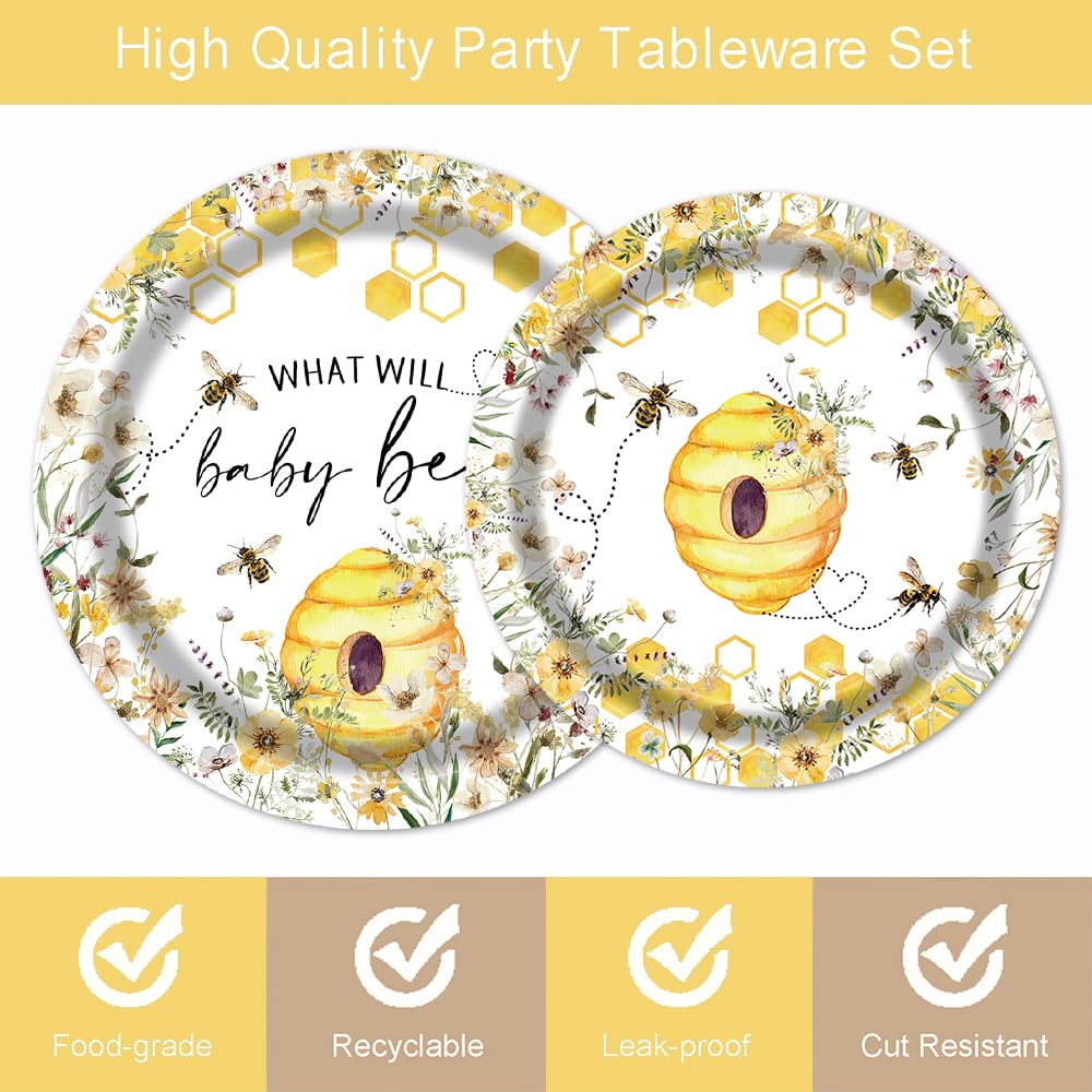 96-teiliges Bienengeschlechts-Enthüllungs-Partygeschirr mit Aufschrift "What Will Baby Bee Teller und Servietten", Babyparty-Set, Wabenblumen, Dekorationen für 24 Gäste