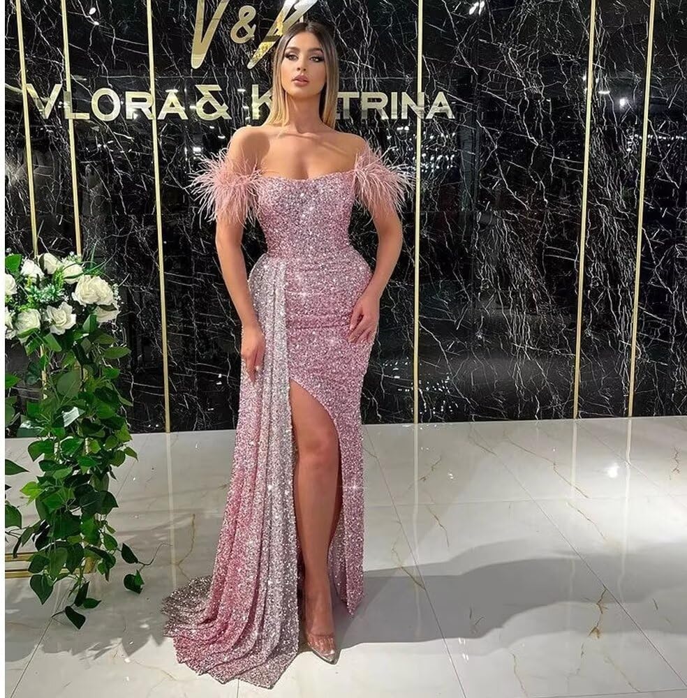 Sequin Off Shoulder Prom Dresses Sparkly Mermaid Formal Dress Feather Long Evening Party Dress with Slit - Image 8