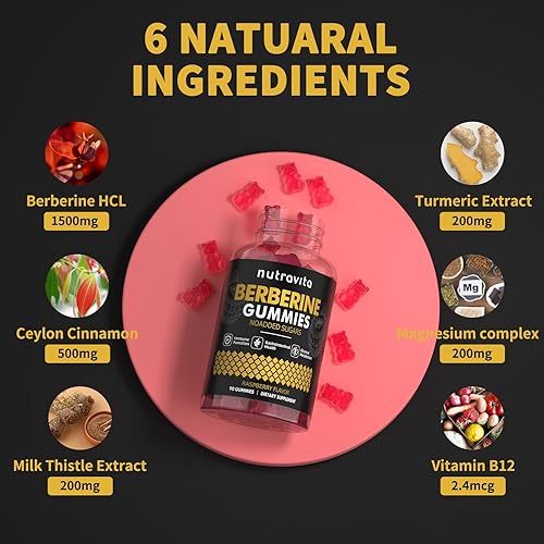 Miniatura 6 de Nutravita Gomitas de berberina con canela de Ceilán, 1500 mg de berberina de alta potencia, suplemento para apoyo inmunológico y metabolismo,