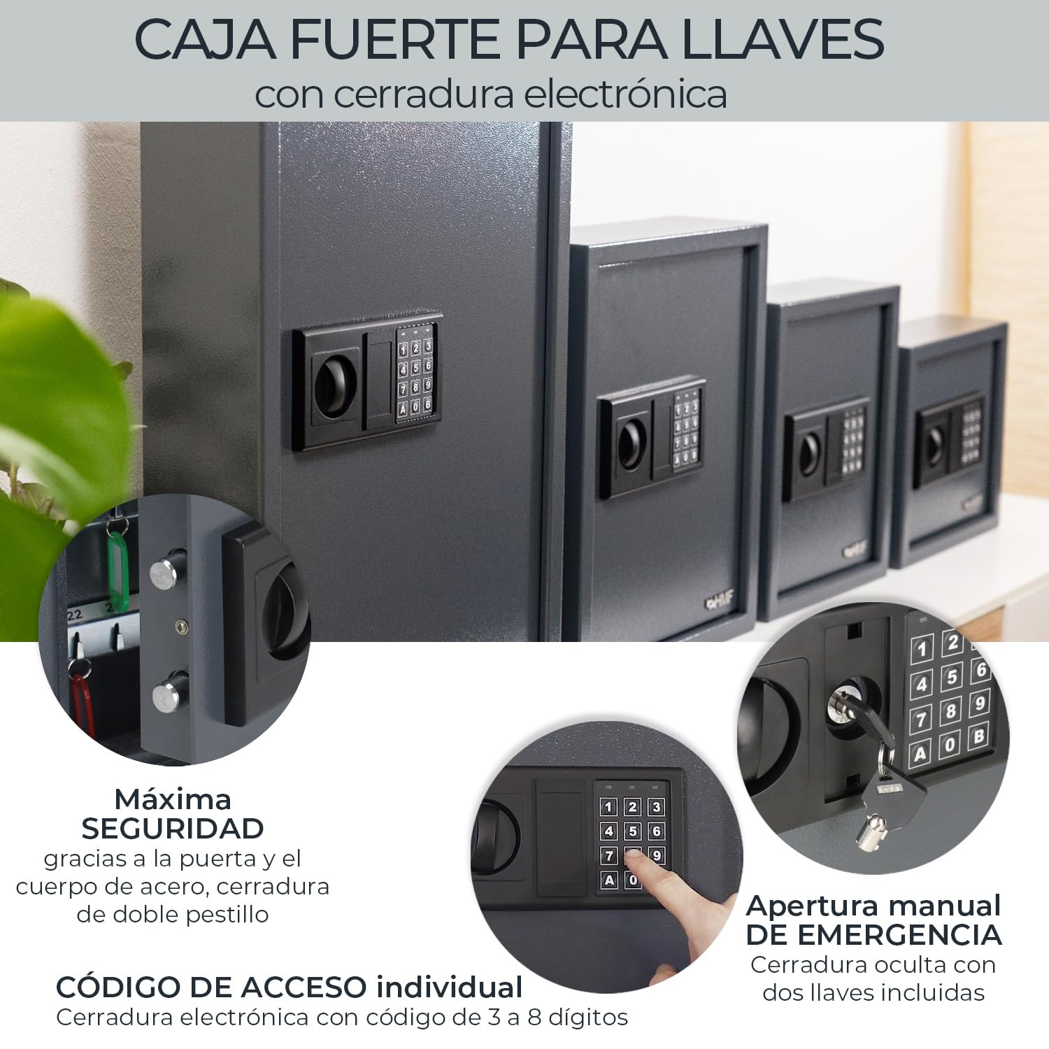 HMF Caja Fuerte para Llaves con Código Electrónico, Armario Guardallaves con Cerradura Digital | 71 Ganchos | 46 x 36 x 12 cm | Antracita