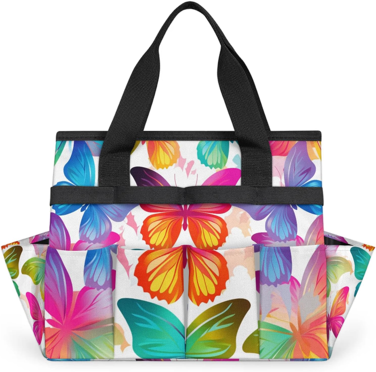 Rainbow Butterfly Garden Tool Bag, Heavy Duty Gardening Tote Bag Organizer with 10 Pockets for Women Men Gardening Gifts