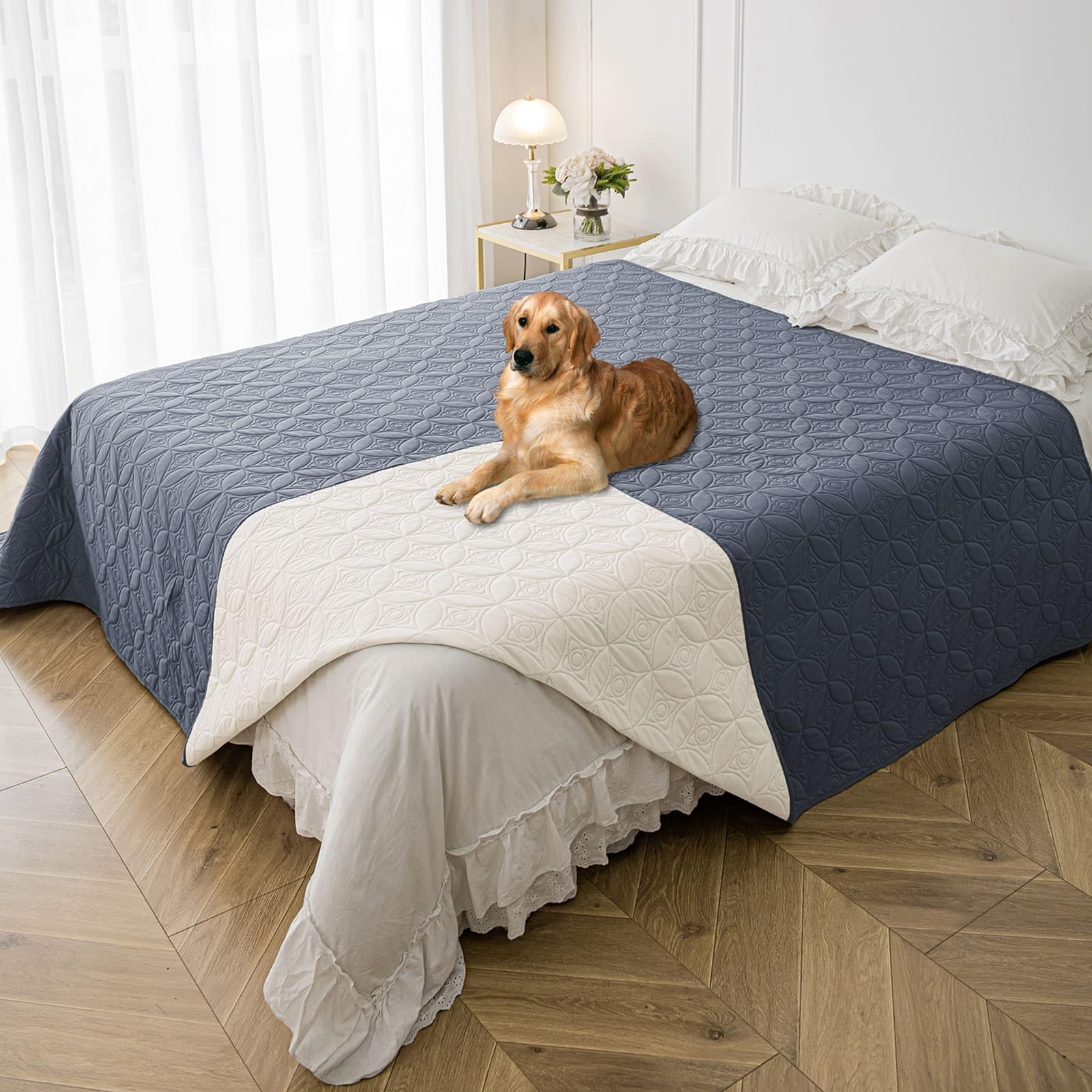 Tuffeel Waterproof Dog Blanket, 82x102 inches Pet Couch Covers for Sofa, Bed Furniture Protector from Dogs Washable and Reversible-Blue+Cream