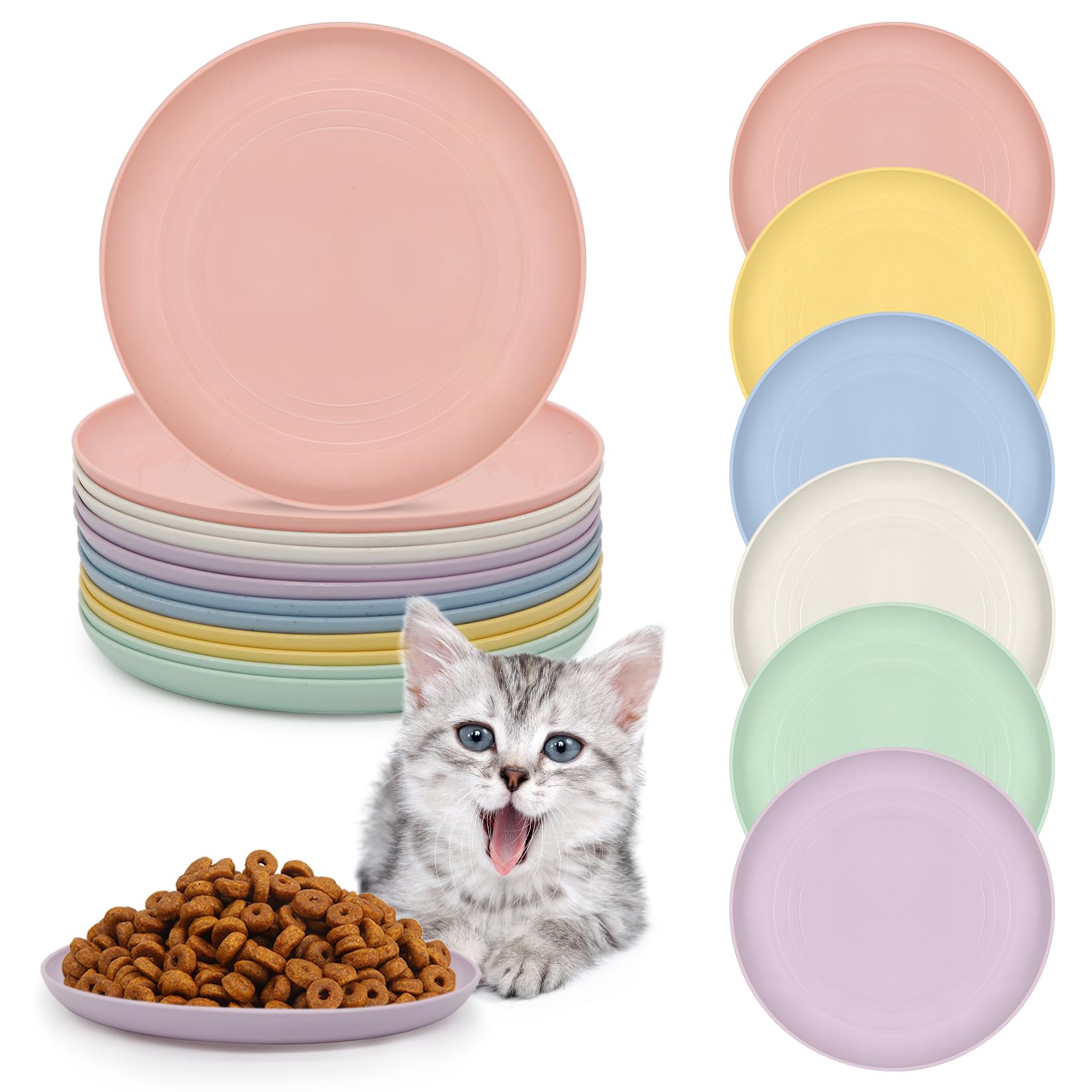 Idota 12 Stück Katzennapf Flach, 5,9 Zoll Runden Katzen Futternapf Flache Katzennäpfe zur Linderung von Schnurrhaarmüdigkeit Bunt Plastik Katzen Napf Set zum Trocken Nassfutter für Kätzchen und Welpen