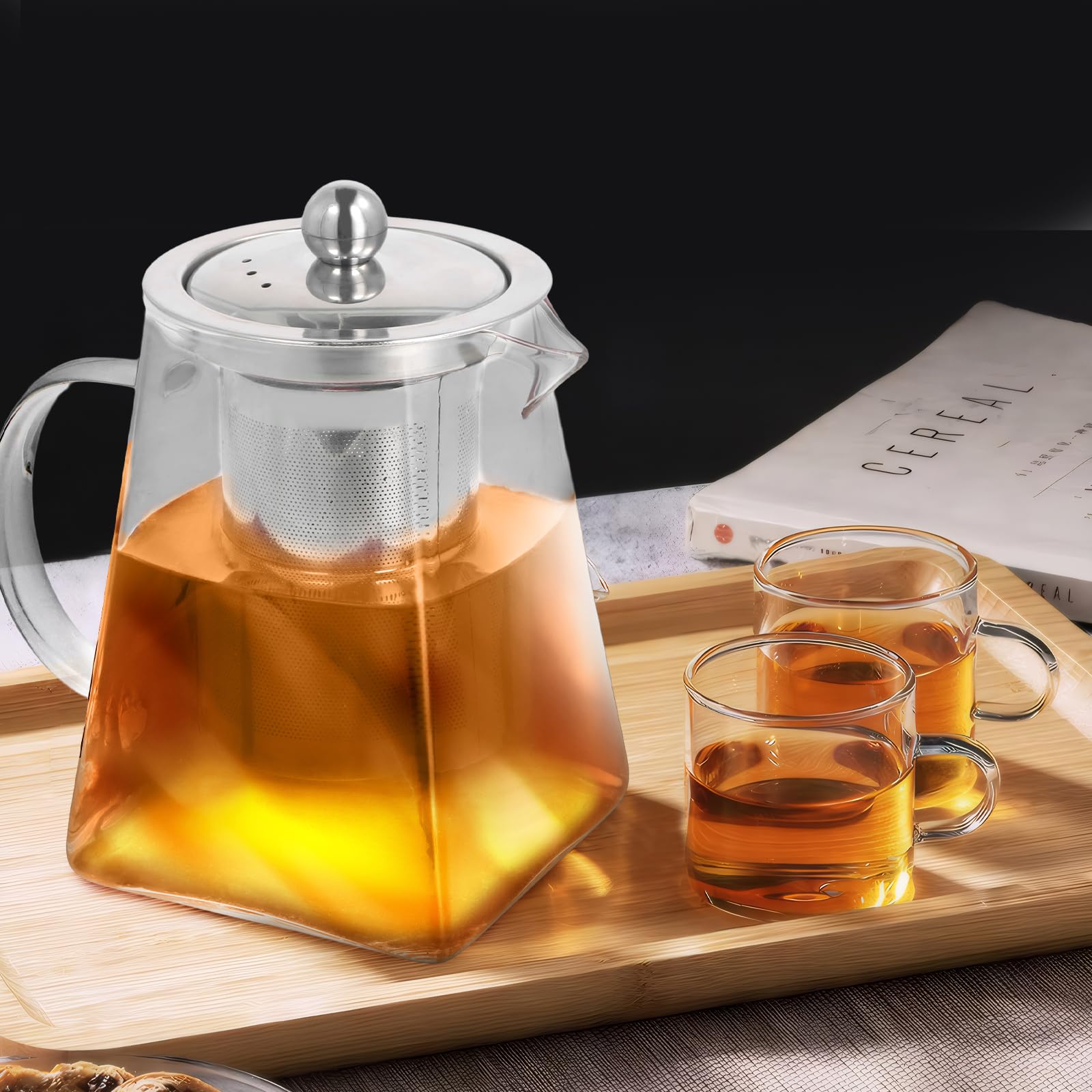 Glas Teekanne, 950ml Quadratische Glas-Teekannen mit Teesieb, Borosilikatglas Teekanne, für Tee, Kaffee, losen Tee, Teebeutel, Kräutertee, Herdsicherer Teebereiter (950, Milliliter)