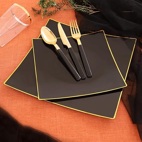 Miniatura 2 de Nervure 140 platos de plástico cuadrados negros - 20 platos de plástico dorado para invitados incluyen 20 platos de cena 20 platos de postre 60