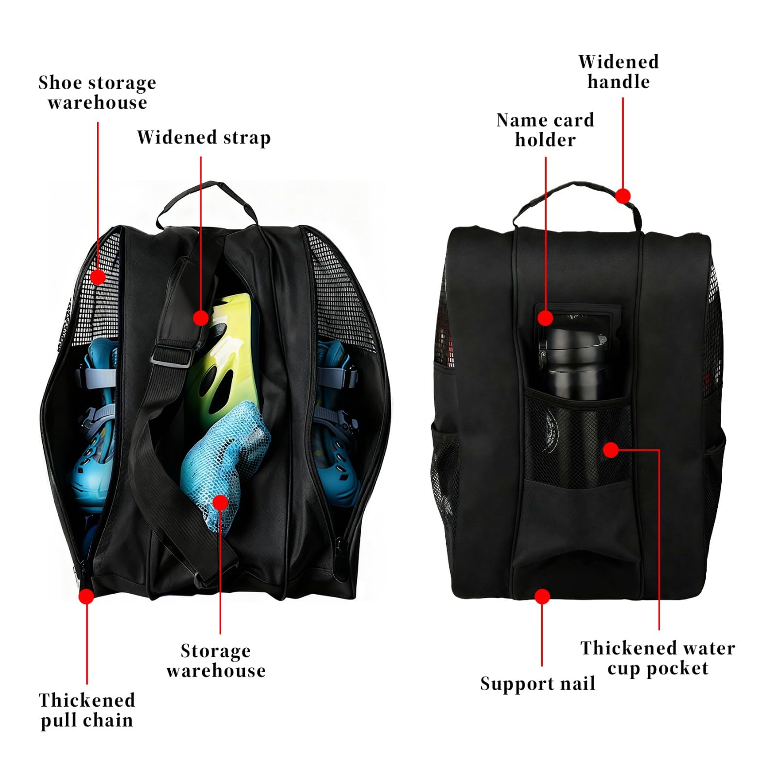 Inliner Tasche, Skatertasche, Skischuhtasche mit Verstellbare Riemen, Ice Skate Bag, Rollschuhtasche, Eishockey-Bag, Geeignet für Schlittschuh- und Hockeyzubehör (Schwarz)