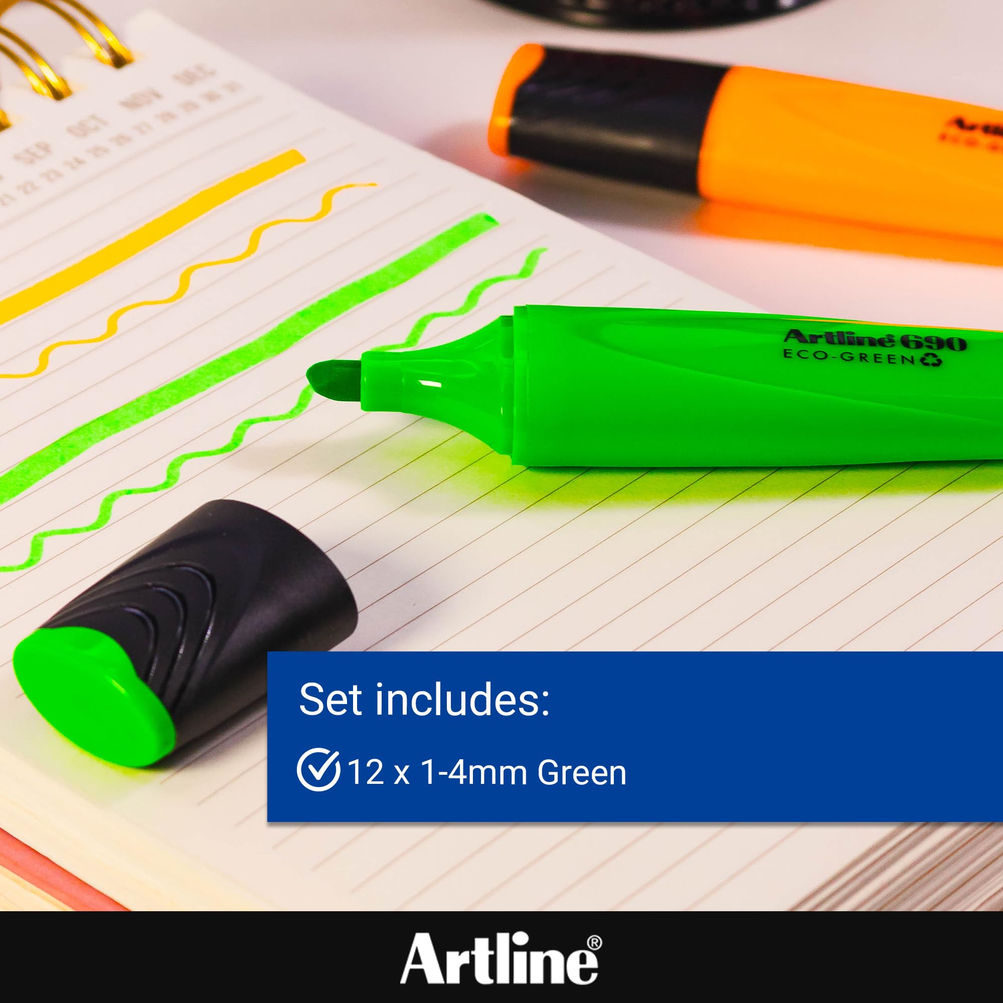 Artline Eco Green Highlighters (Pack of 12) 1-4mm Nib for Home, School & Office Use, Bright Water-Based Non-Fade Highlighter Pens, Non-Toxic - Genuine Highlighters Pens - Image 3