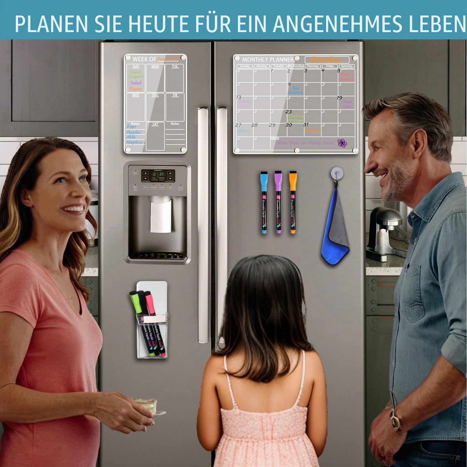 Acryl Magnetischer Kalender für Kühlschrank, 2 Stück, Transparenter Abwischbar Monats- und Wochenkalender Planungstafel für Kühlschrank, mit 6 Farbmarkern, Stifthalter und Handtuch