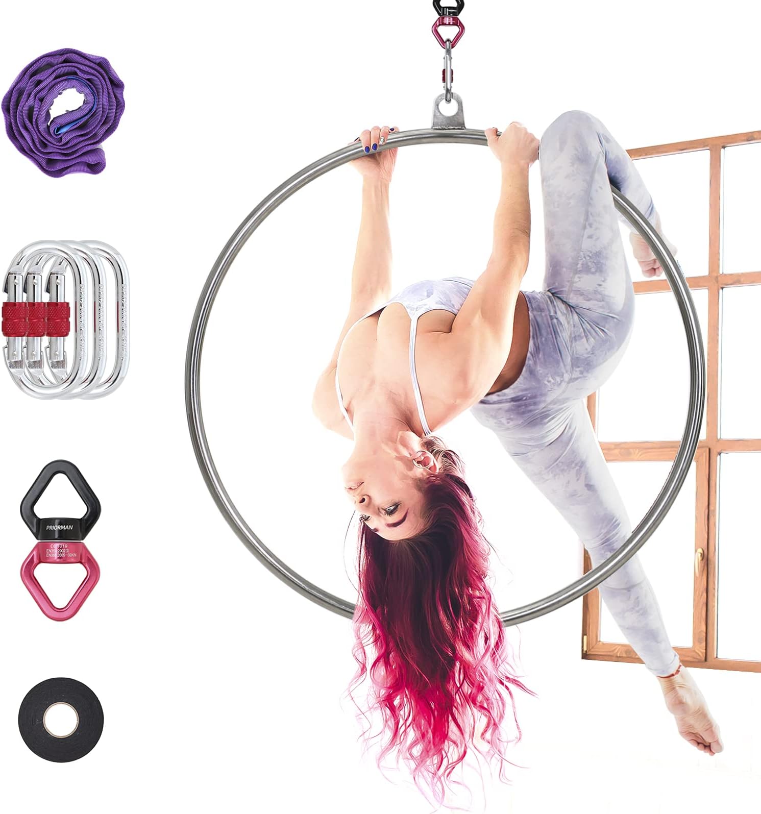 PRIORMAN Lyra Hoop Aerial Hoop Set with Rigging Hardware Single Stainless Steel Hoop Circus Hoop Great for Dancing Studio, Aerial Fitness