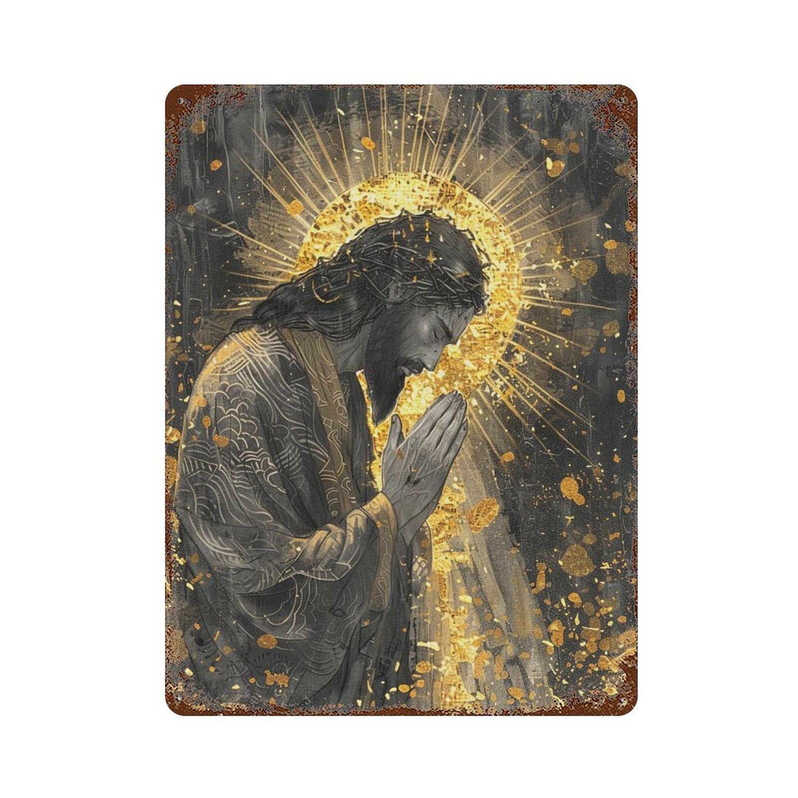 Golden Halo Spiritual Art Print -1 Rust Effect Tin Sign 15.7"x11.8", Decorative Metal Wall Art for Living Room, Hallway And Home Decor