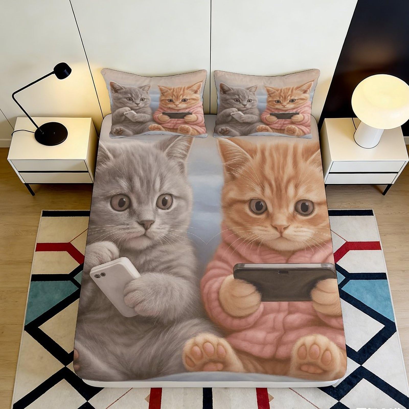 3D Printed Cute Cat Fitted Sheet Microfiber Soft Bedroom Decor Playful Kitten Bed Cover for Adults Youth Mattress Protection 180x200x25cm