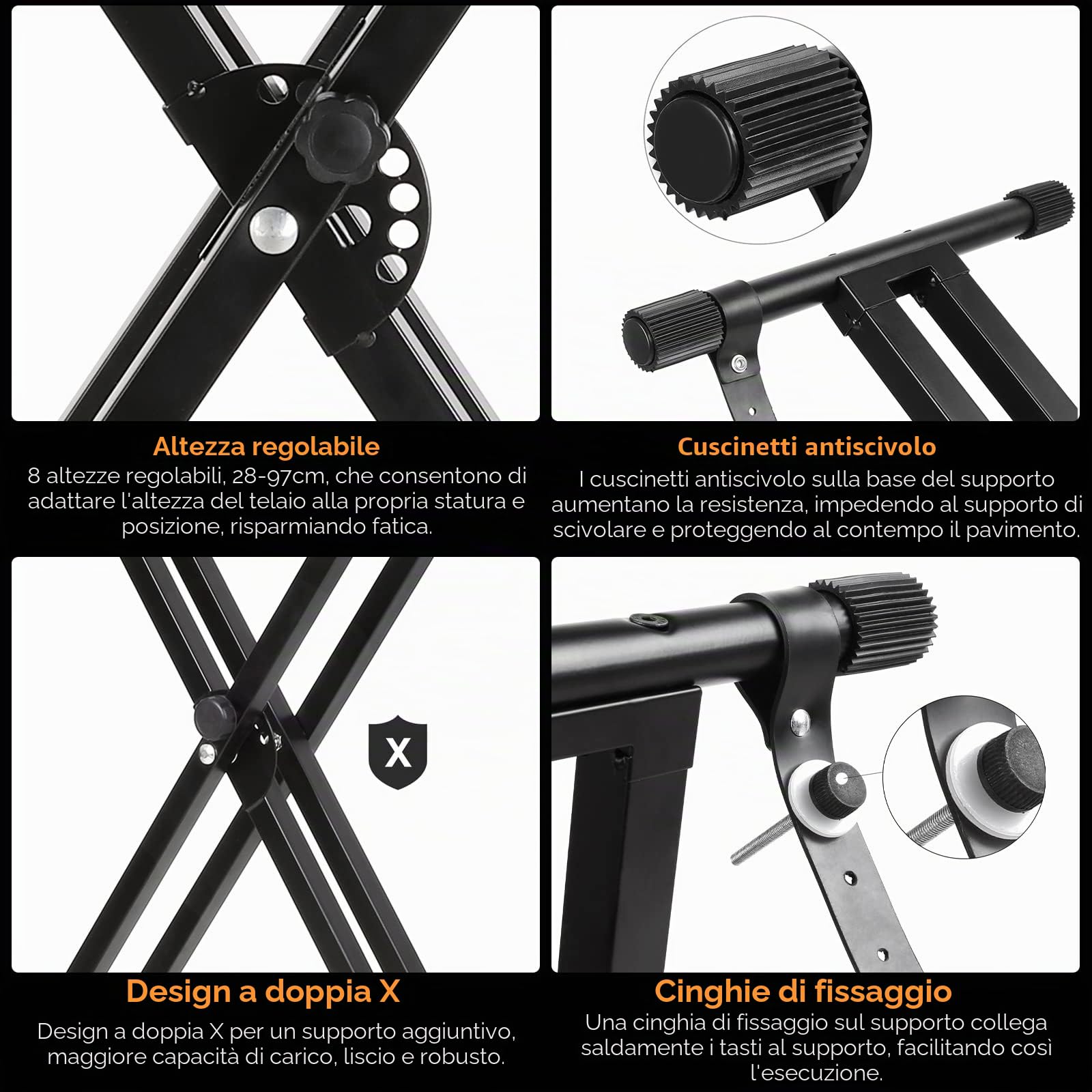 MAMIZO Supporto per tastiera con sgabello, regolabile in altezza, tastiera e sgabello per tastiera, doppio X-Frame Keyboard Stand Set di sgabelli per tastiera pieghevole, per pianoforte, nero