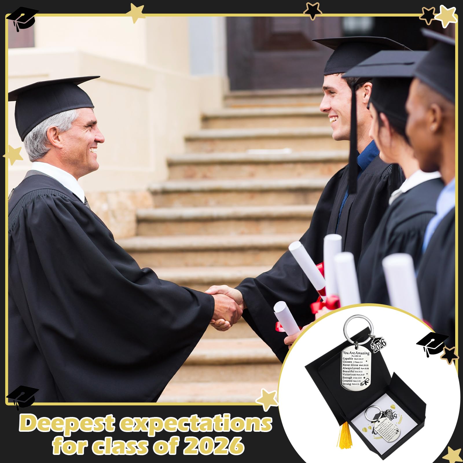 Quelay 12 Sets Graduation Keychain Gift Graduation Christian Keyring with Doctoral Hat Gift Box for Class of 2026 Grad