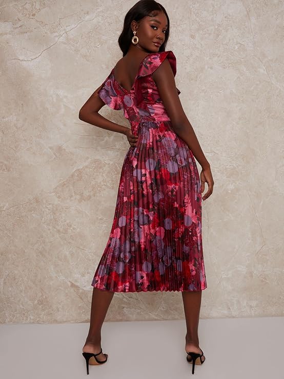 ruffle floral print midi dress in burgundy ASOS Design - Satin Drape Ruffle Detail Midi Dress - Women - Polyester - 6 US