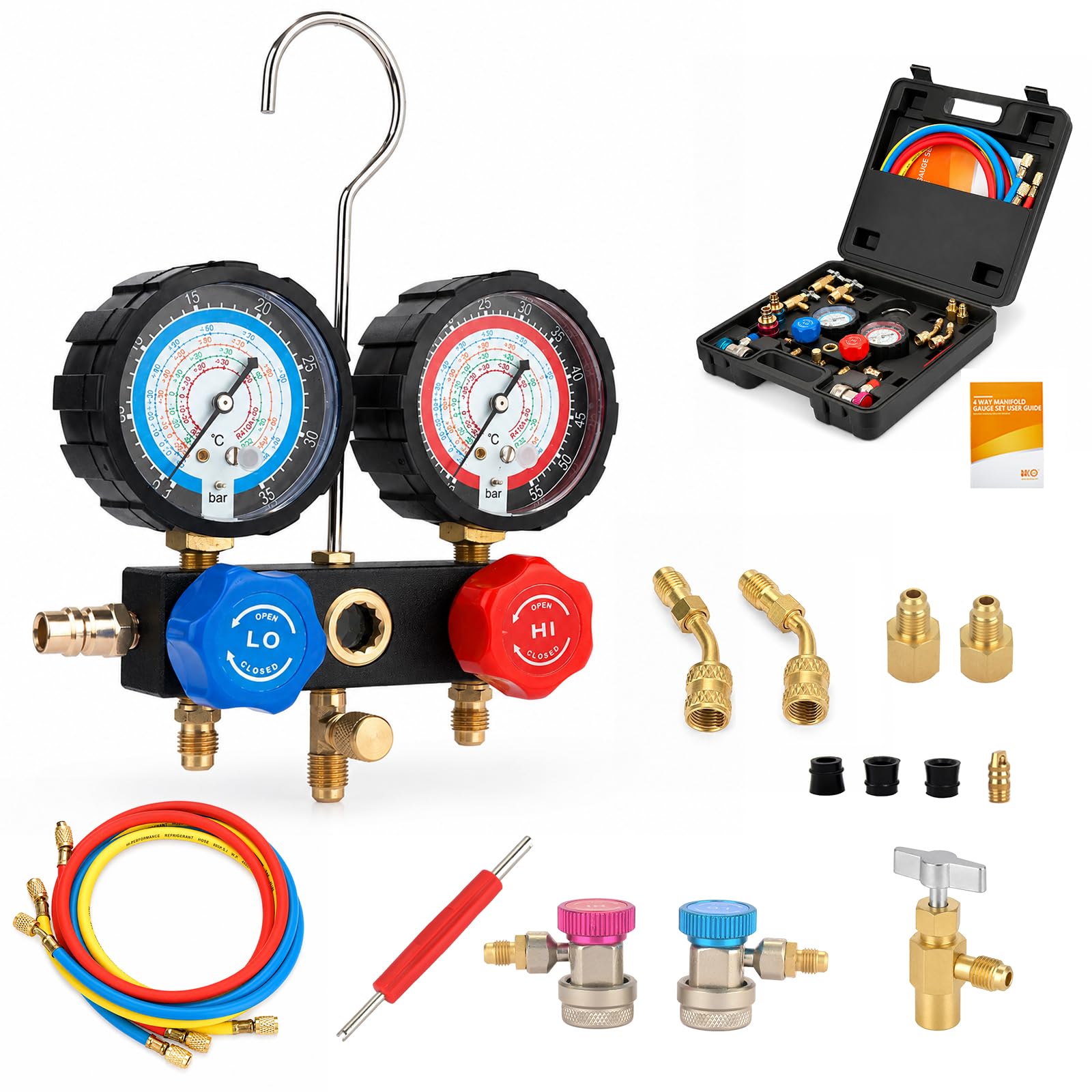 BACOENG Set Manometri Condizionatori, Kit Ricarica Aria Condizionata Auto con 1.5m Tubi per Auto Strumenti Diagnostici, Manifold Gauge Kit per R1234YF R32 R134A R410A Refrigerante