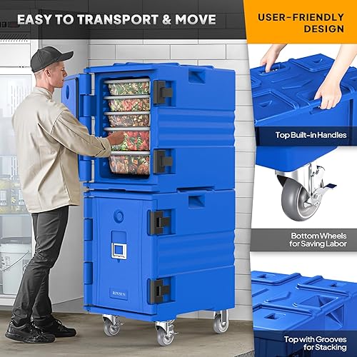 Miniatura 5 de ROVSUN Calentador de alimentos con aislamiento térmico con ruedas bloqueables, hebillas dobles y asas, cajas calientes apilables para catering,