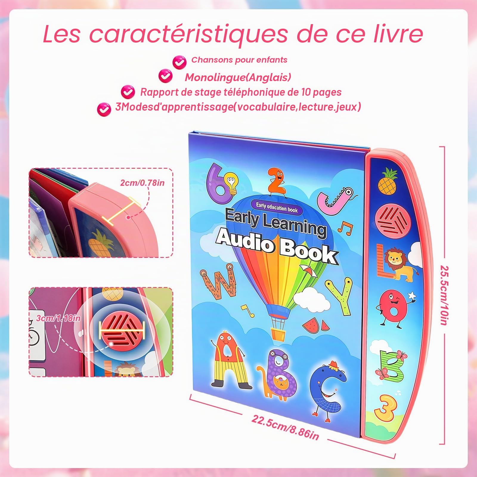 Livre Sonore éducatif Ludique pour Apprendre l'anglais Interactif, Livre Intelligent pour Enfants, Enfant l'anglais Machine de Lecture, Chiffres, Lettres, Mots, Formes (Rose)