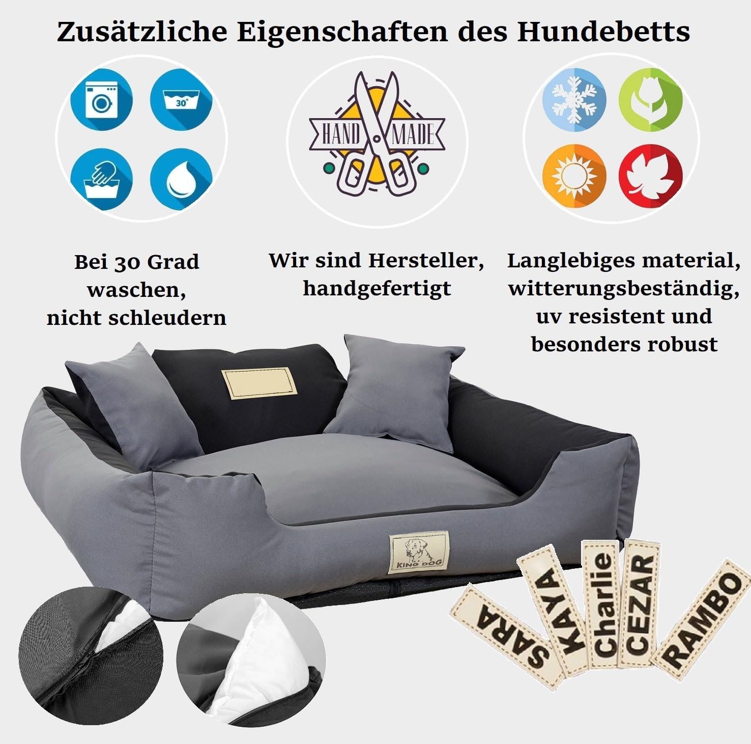 KING DOG Hundebett Grosse Hunde Waschbar L 100 x 75 cm Hundekissen Hundekorb Personalisiert - Name des Hundes Mit Reißverschluss Abnehmbares Kissen rutschfeste Unterseite Silikon Füllung Grau