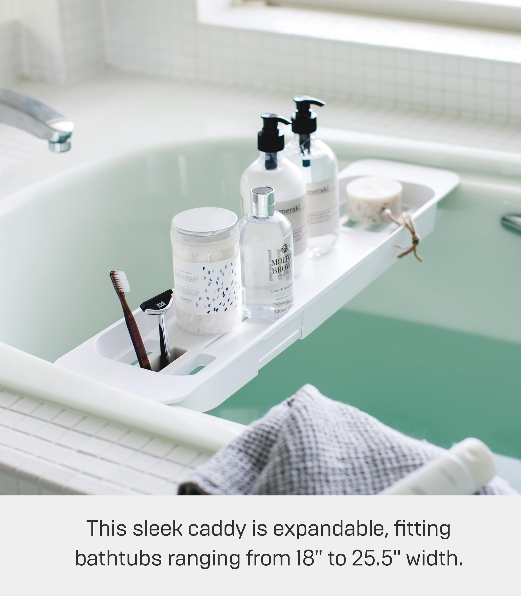 Yamazaki 3546 Tower Extendable Bathtub Tray, White, ABS Resin, 57.5~75 x 15.5 x 4.5 cm