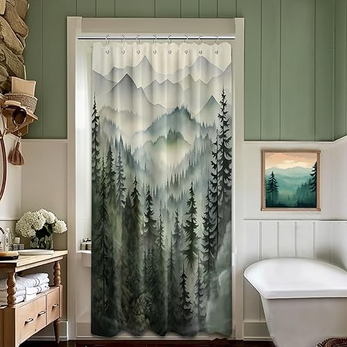 Miniatura 53 de Cortina de ducha azul marino de bosque Cortina de ducha azul oscuro de montaña y naturaleza para decoración de baño de hombres, tela impermeable con