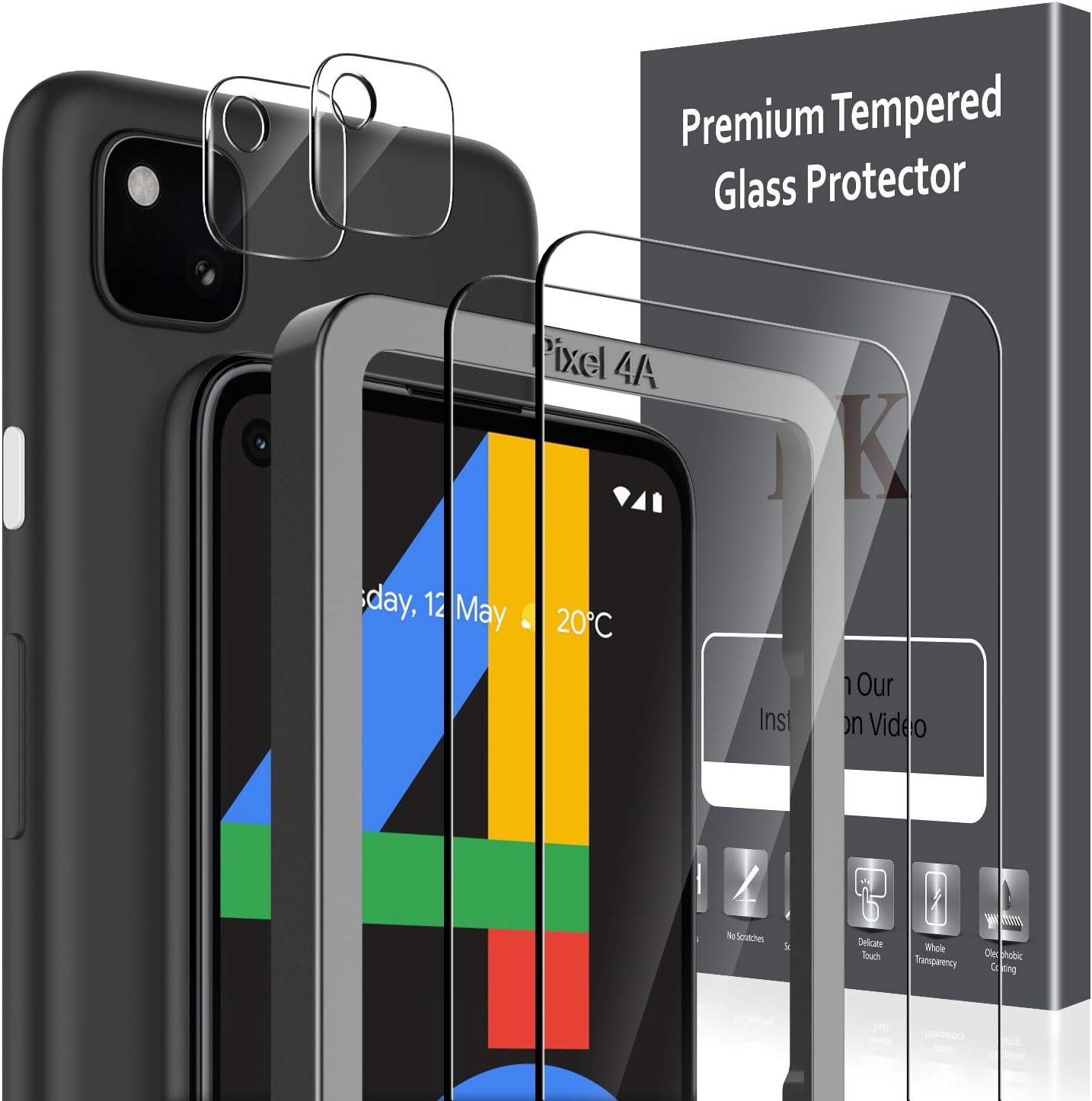 LK 2 Pack Screen Protector and 2 Pack Camera Lens Protector Compatible with Google Pixel 4a 5.8-inch, Not Fit for Pixel 4a 5G 6.2-inch, Tempered Glass, Easy Frame Installation, HD Ultra-Thin