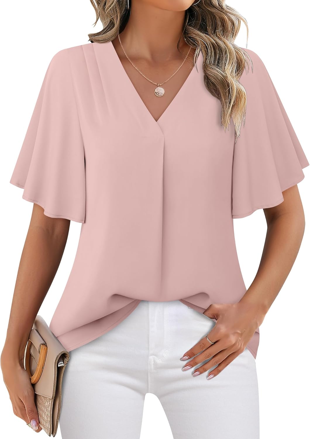 Timeson Women's V Neck Chiffon Blouse Ruffle Sleeve Ladies Work Shirts - Image 2