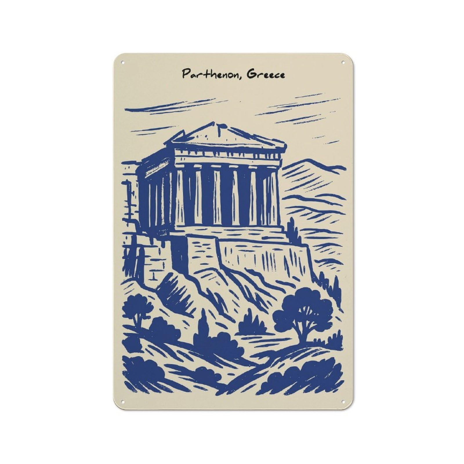 Junmoney Style-8 Parthenon, Greece Sketch Retro Tin Wall Plaque 30X20cm For Hobby Room Or Studio, For Garage, Workshop And Man Cave Decoration