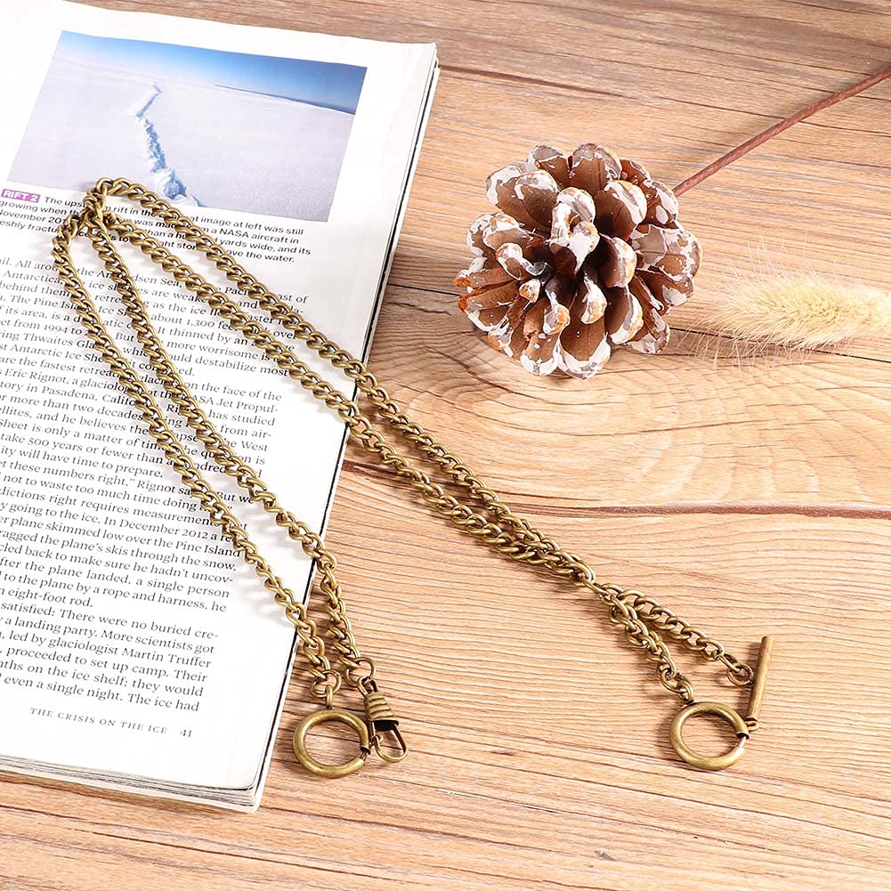 T Bar Pocket Watch Chain, Antique Style Pocket Watch Double Albert Chain 44cm Classic Pocket Watch Curb Link Key Chain(Bronze)